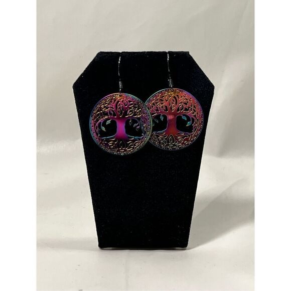 Iridescent Light Weight Tree of Life Brass Colored Fish Hook Stud Earrings - Picture 1 of 3